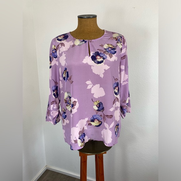 David Lawrence Silk Blouse 14 Floral Ruched Sleeve Lavender Keyhole Semi Sheer - Picture 1 of 13